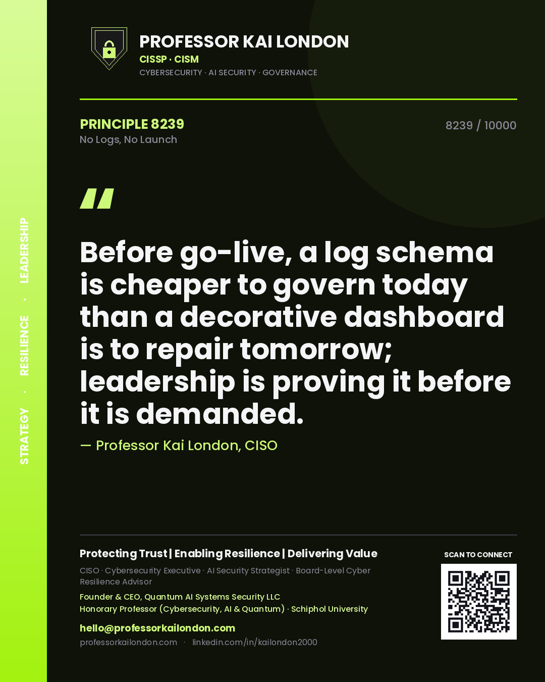 Quote card by Professor Kai London reading 'Before go-live, a log schema is cheaper to govern today than a decorative dashboard is to repair tomorrow; leadership is proving it before it is demanded.'. From the book No Logs, No Launch.