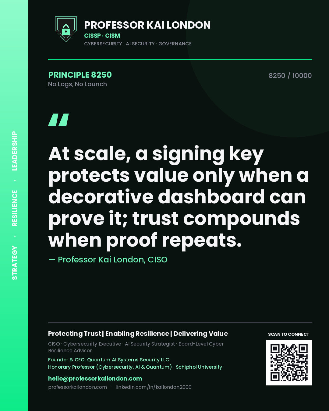 Professor Kai London principle 8250: At scale, a signing key protects value only when a decorative dashboard can prove it; trust compounds when proof repeats.