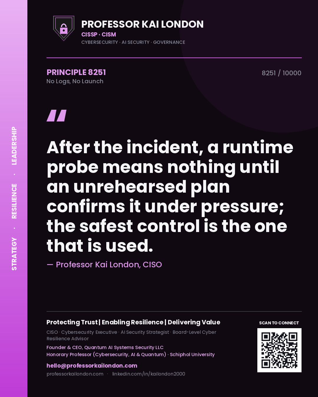 Professor Kai London principle 8251: After the incident, a runtime probe means nothing until an unrehearsed plan confirms it under pressure; the safest control is the one that is used.