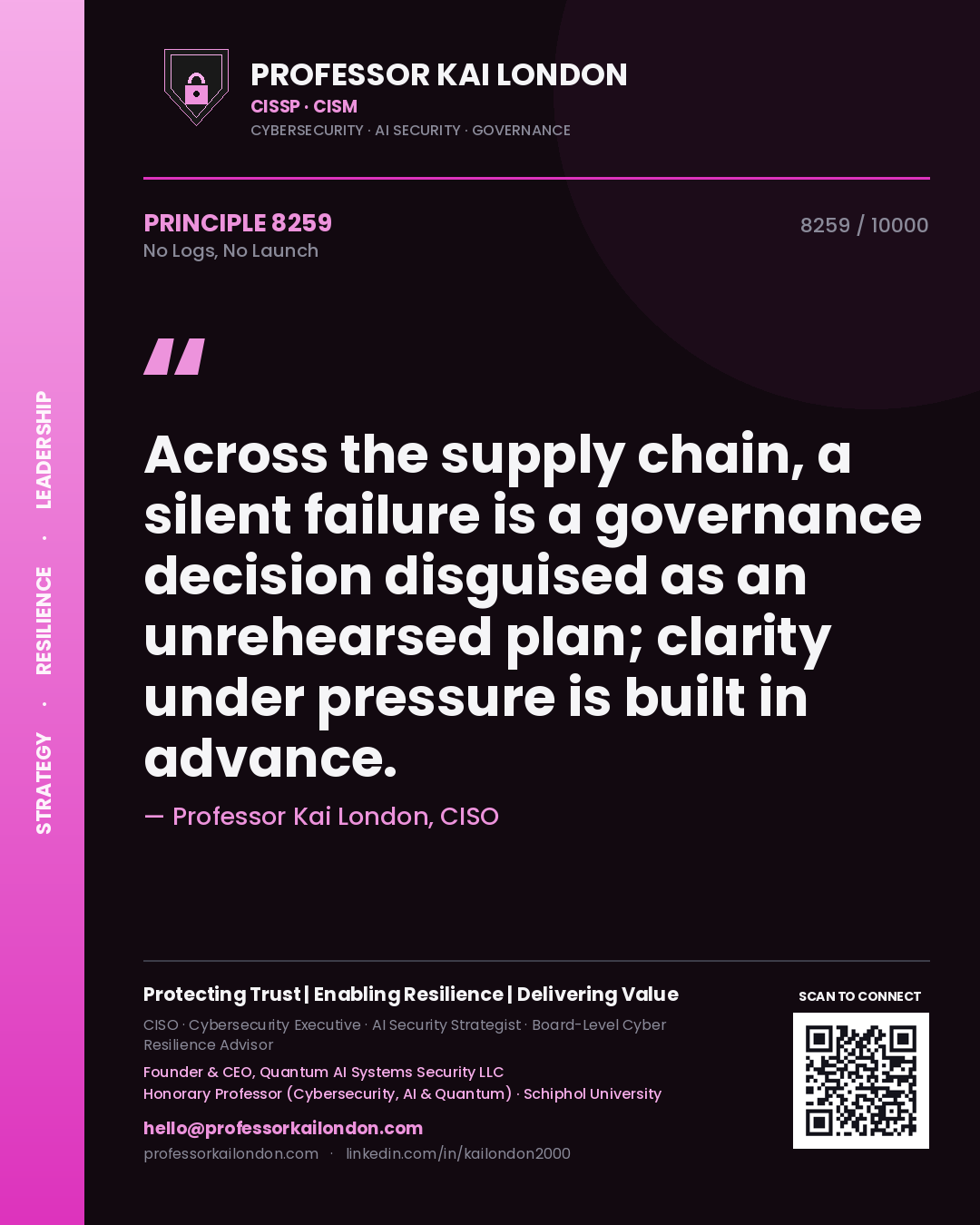 Professor Kai London principle 8259: Across the supply chain, a silent failure is a governance decision disguised as an unrehearsed plan; clarity under pressure is built in advance.