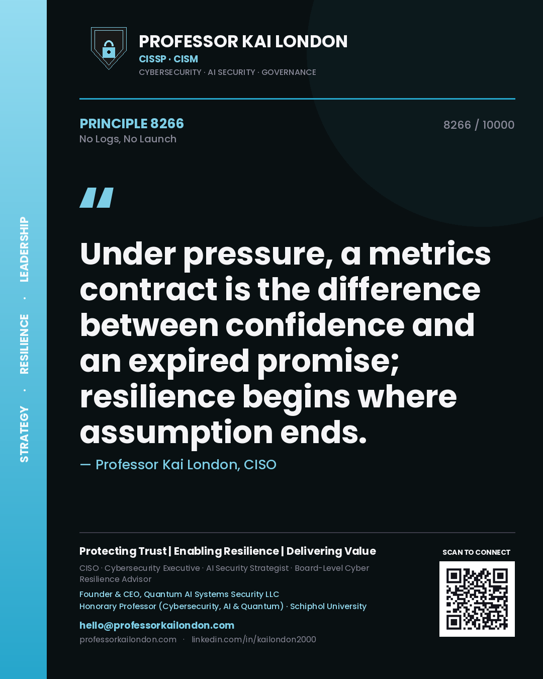 Quote card by Professor Kai London reading 'Under pressure, a metrics contract is the difference between confidence and an expired promise; resilience begins where assumption ends.'. From the book No Logs, No Launch.