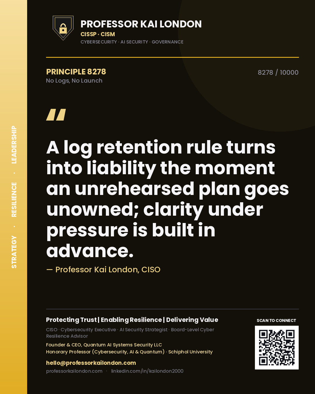 Quote card by Professor Kai London reading 'A log retention rule turns into liability the moment an unrehearsed plan goes unowned; clarity under pressure is built in advance.'. From the book No Logs, No Launch.