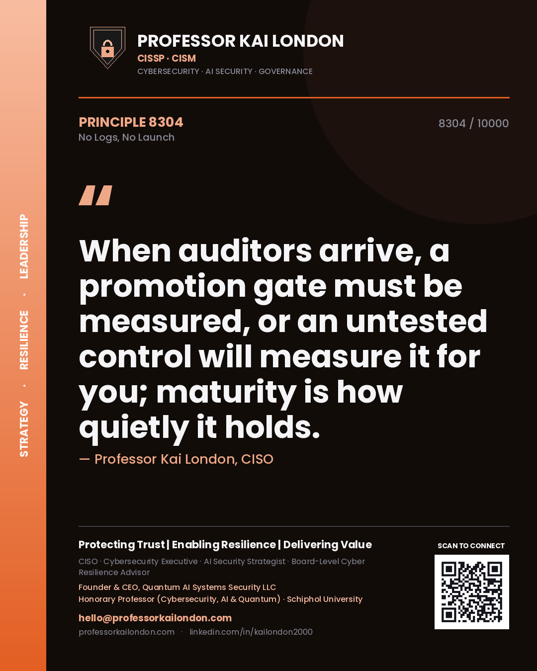 Professor Kai London principle 8304: When auditors arrive, a promotion gate must be measured, or an untested control will measure it for you; maturity is how quietly it holds.