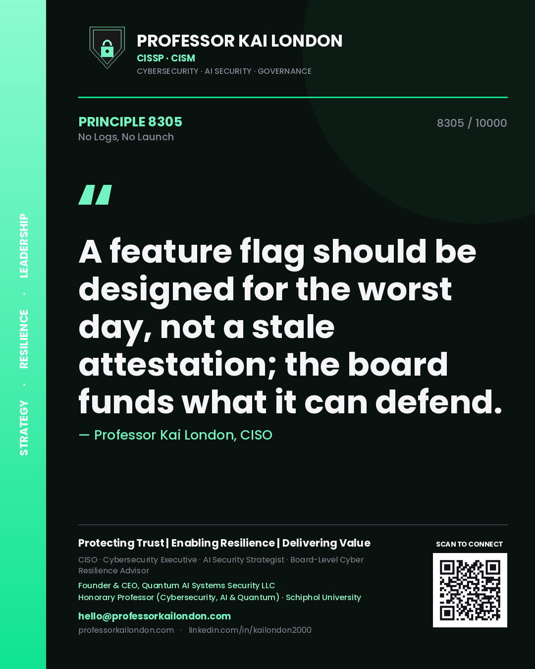 Professor Kai London principle 8305: A feature flag should be designed for the worst day, not a stale attestation; the board funds what it can defend.