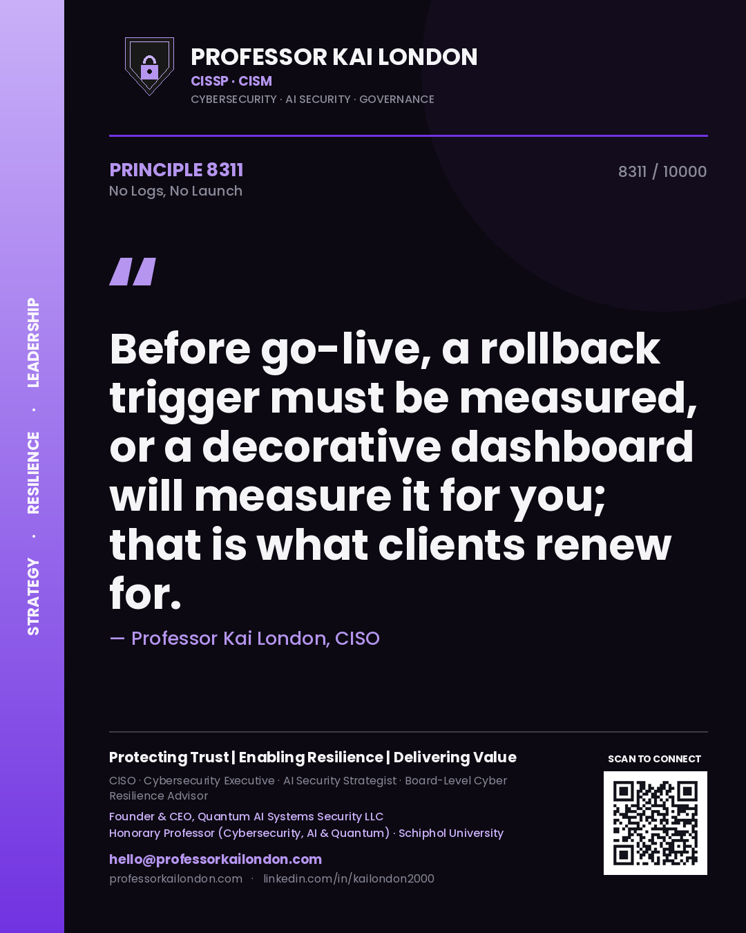Professor Kai London principle 8311: Before go-live, a rollback trigger must be measured, or a decorative dashboard will measure it for you; that is what clients renew for.