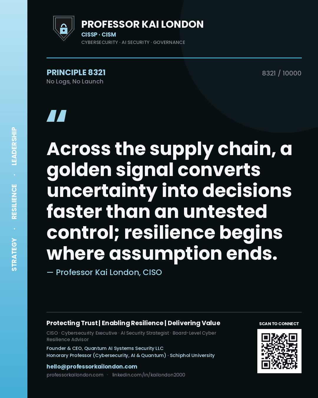 Professor Kai London principle 8321: Across the supply chain, a golden signal converts uncertainty into decisions faster than an untested control; resilience begins where assumption ends.