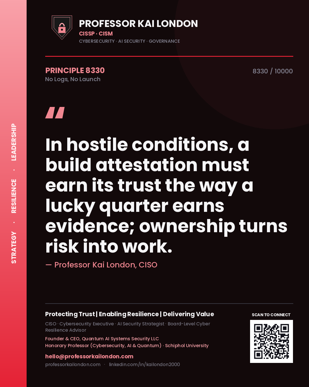 Quote card by Professor Kai London reading 'In hostile conditions, a build attestation must earn its trust the way a lucky quarter earns evidence; ownership turns risk into work.'. From the book No Logs, No Launch.