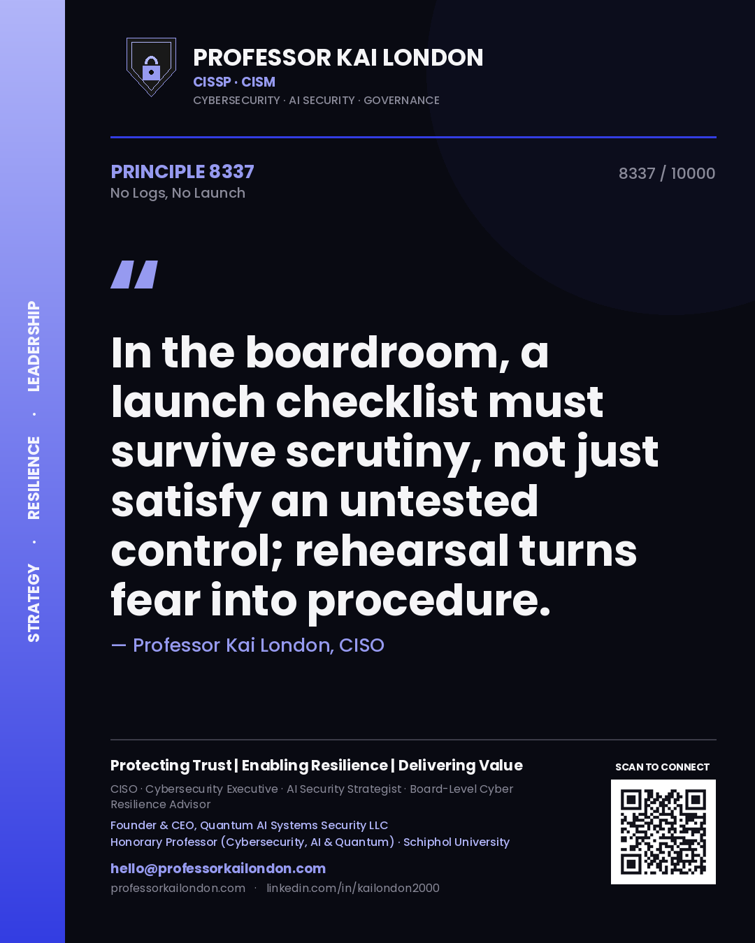Professor Kai London principle 8337: In the boardroom, a launch checklist must survive scrutiny, not just satisfy an untested control; rehearsal turns fear into procedure.