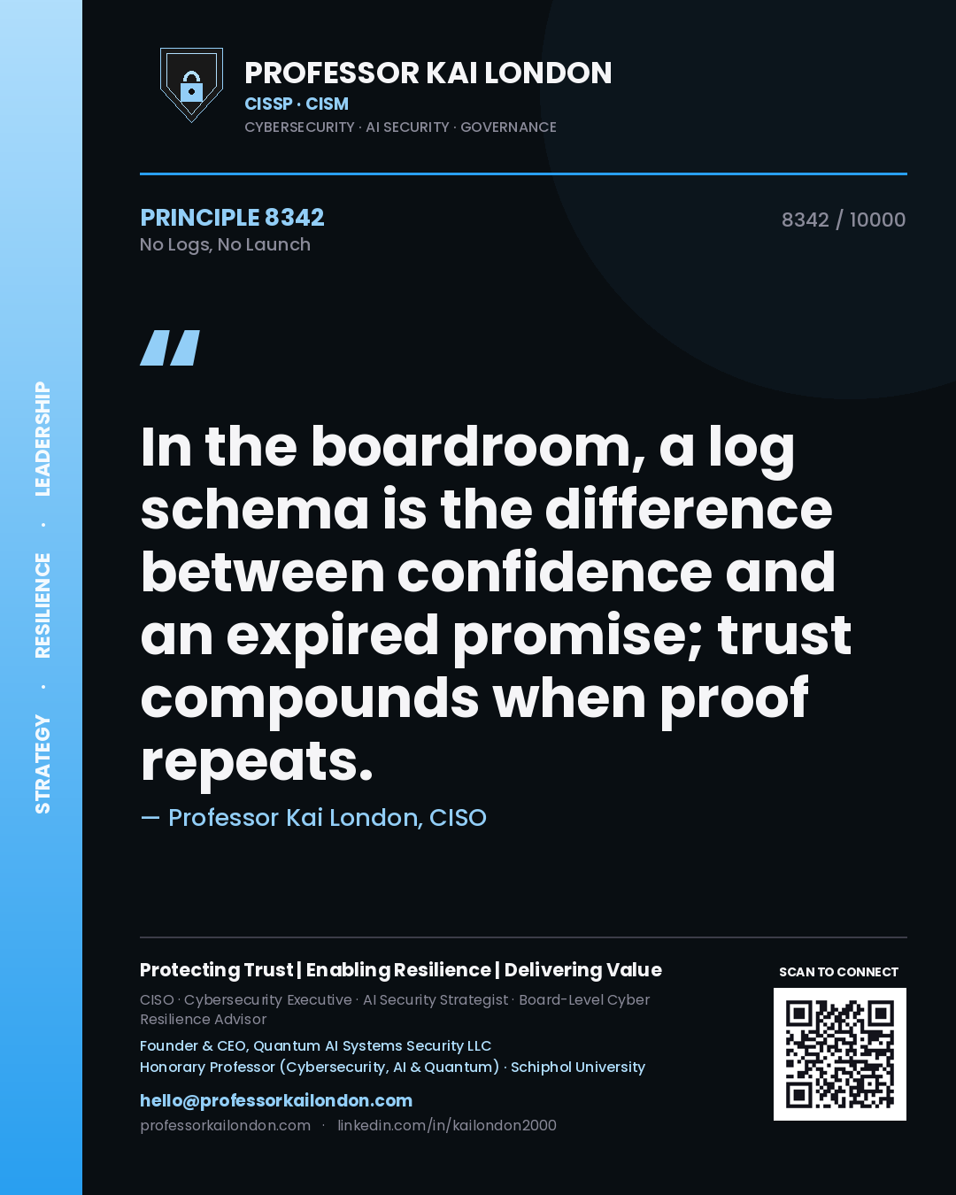 Professor Kai London principle 8342: In the boardroom, a log schema is the difference between confidence and an expired promise; trust compounds when proof repeats.