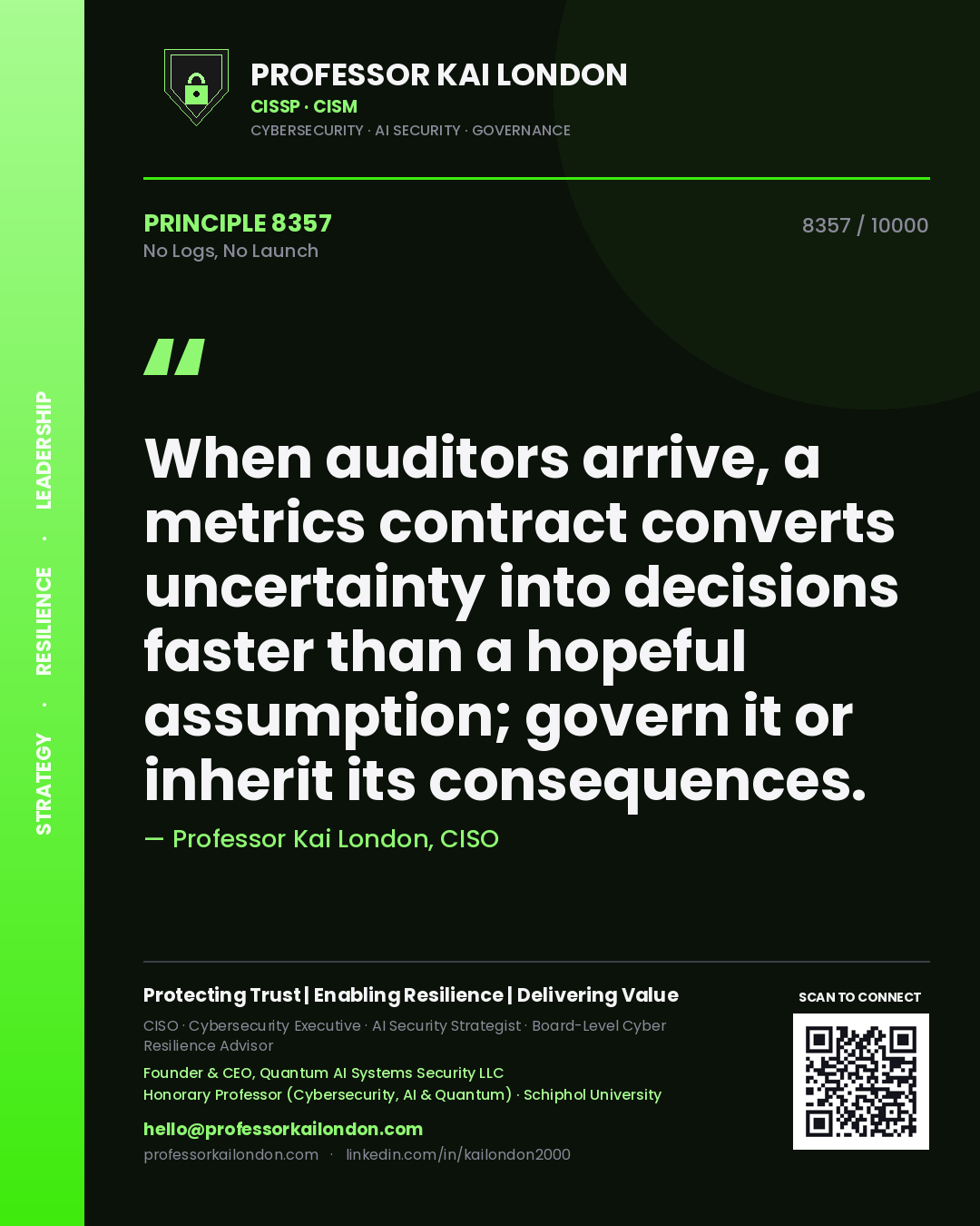 Professor Kai London principle 8357: When auditors arrive, a metrics contract converts uncertainty into decisions faster than a hopeful assumption; govern it or inherit its consequences.