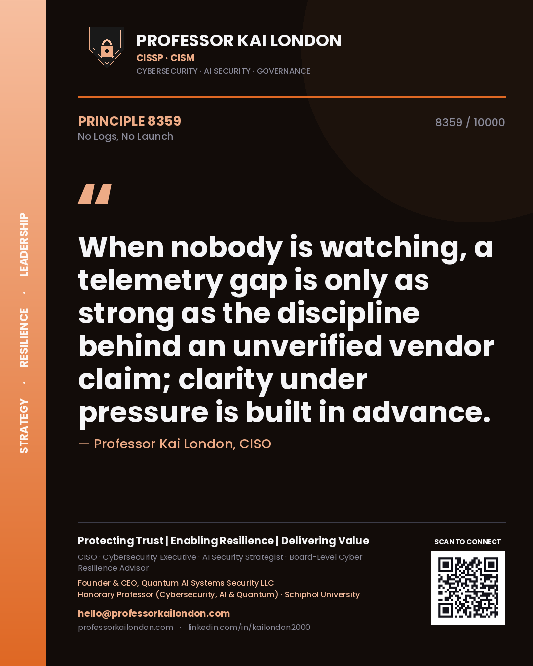 Professor Kai London principle 8359: When nobody is watching, a telemetry gap is only as strong as the discipline behind an unverified vendor claim; clarity under pressure is built in advance.
