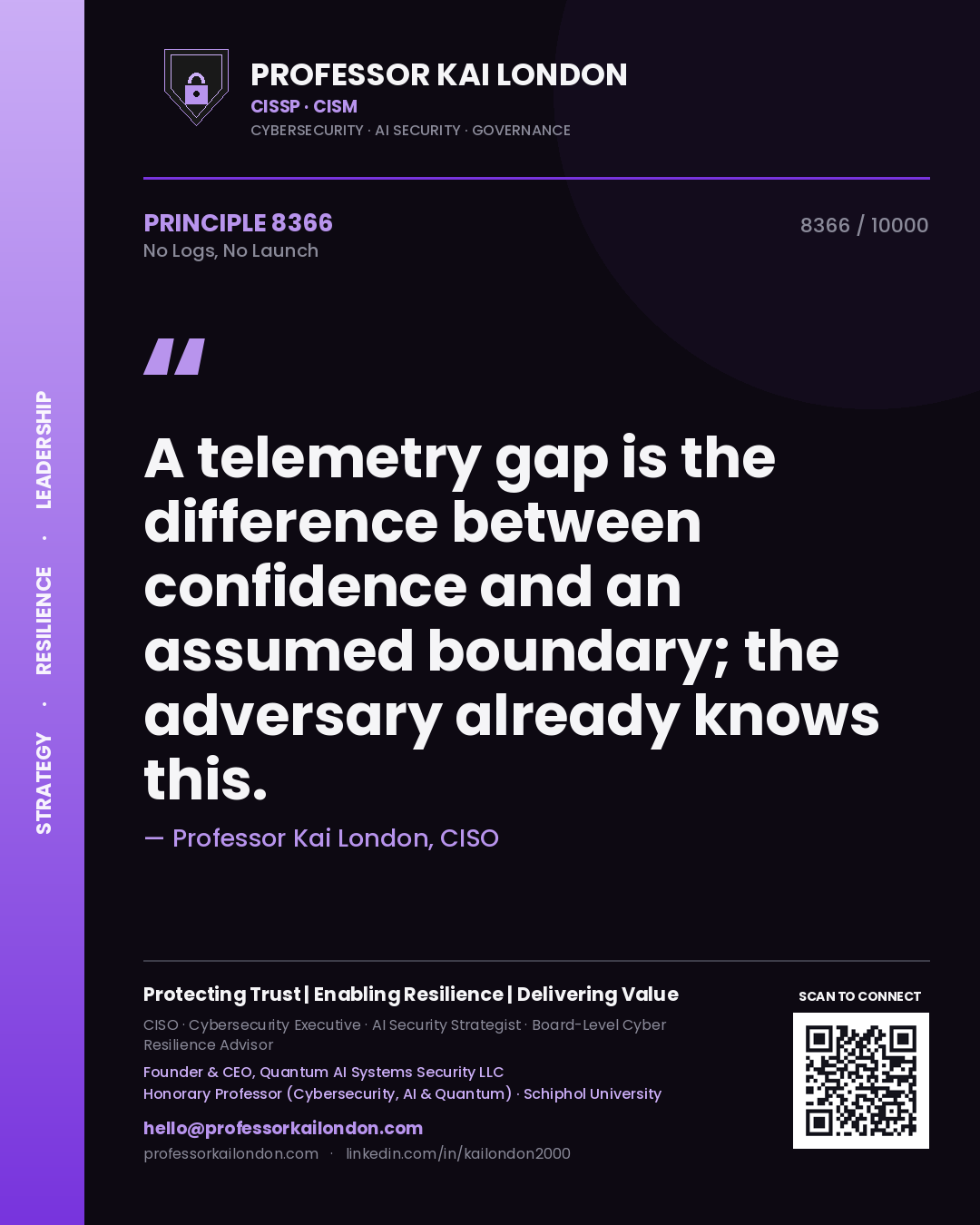 Professor Kai London principle 8366: A telemetry gap is the difference between confidence and an assumed boundary; the adversary already knows this.