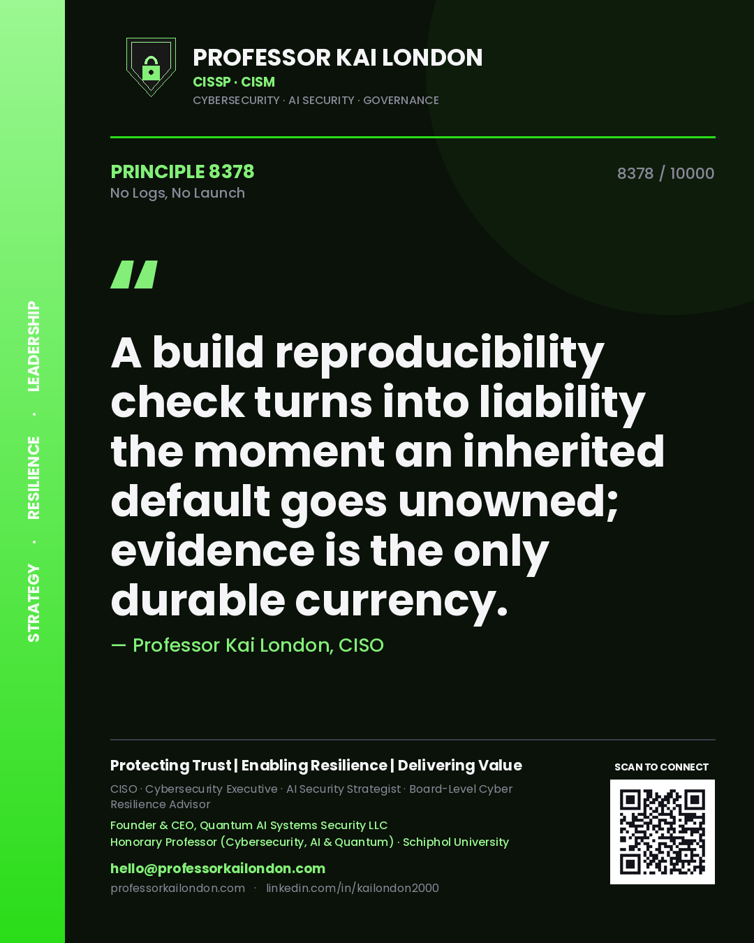 Professor Kai London principle 8378: A build reproducibility check turns into liability the moment an inherited default goes unowned; evidence is the only durable currency.