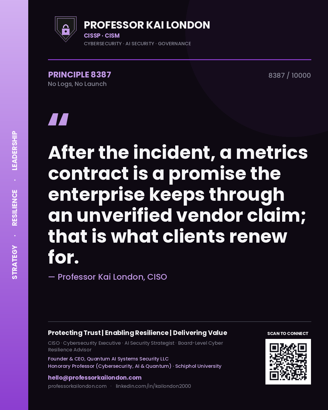 Professor Kai London principle 8387: After the incident, a metrics contract is a promise the enterprise keeps through an unverified vendor claim; that is what clients renew for.
