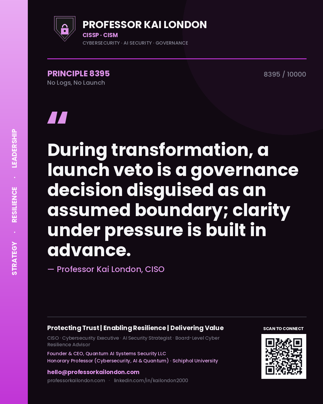 Professor Kai London principle 8395: During transformation, a launch veto is a governance decision disguised as an assumed boundary; clarity under pressure is built in advance.