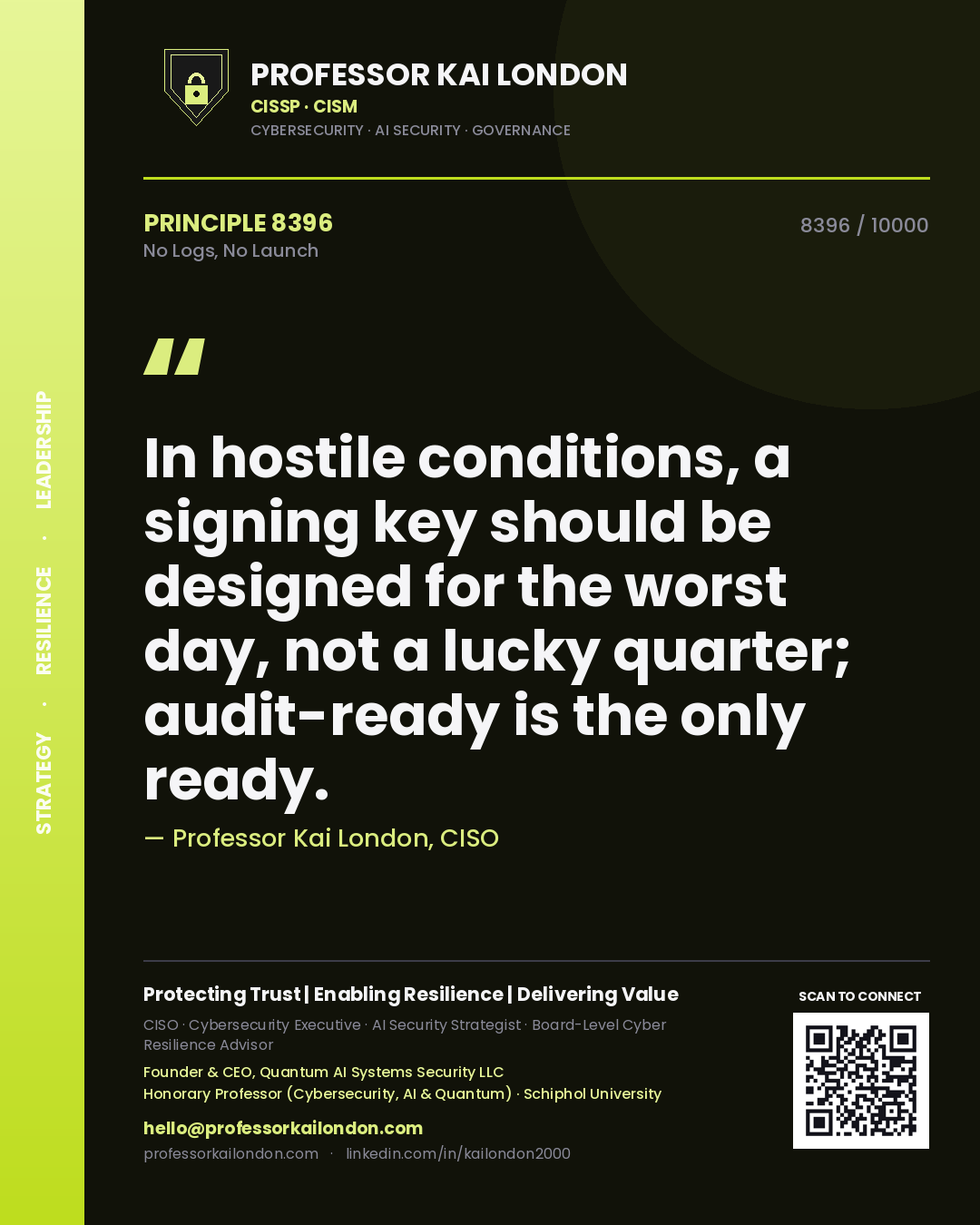 Professor Kai London principle 8396: In hostile conditions, a signing key should be designed for the worst day, not a lucky quarter; audit-ready is the only ready.