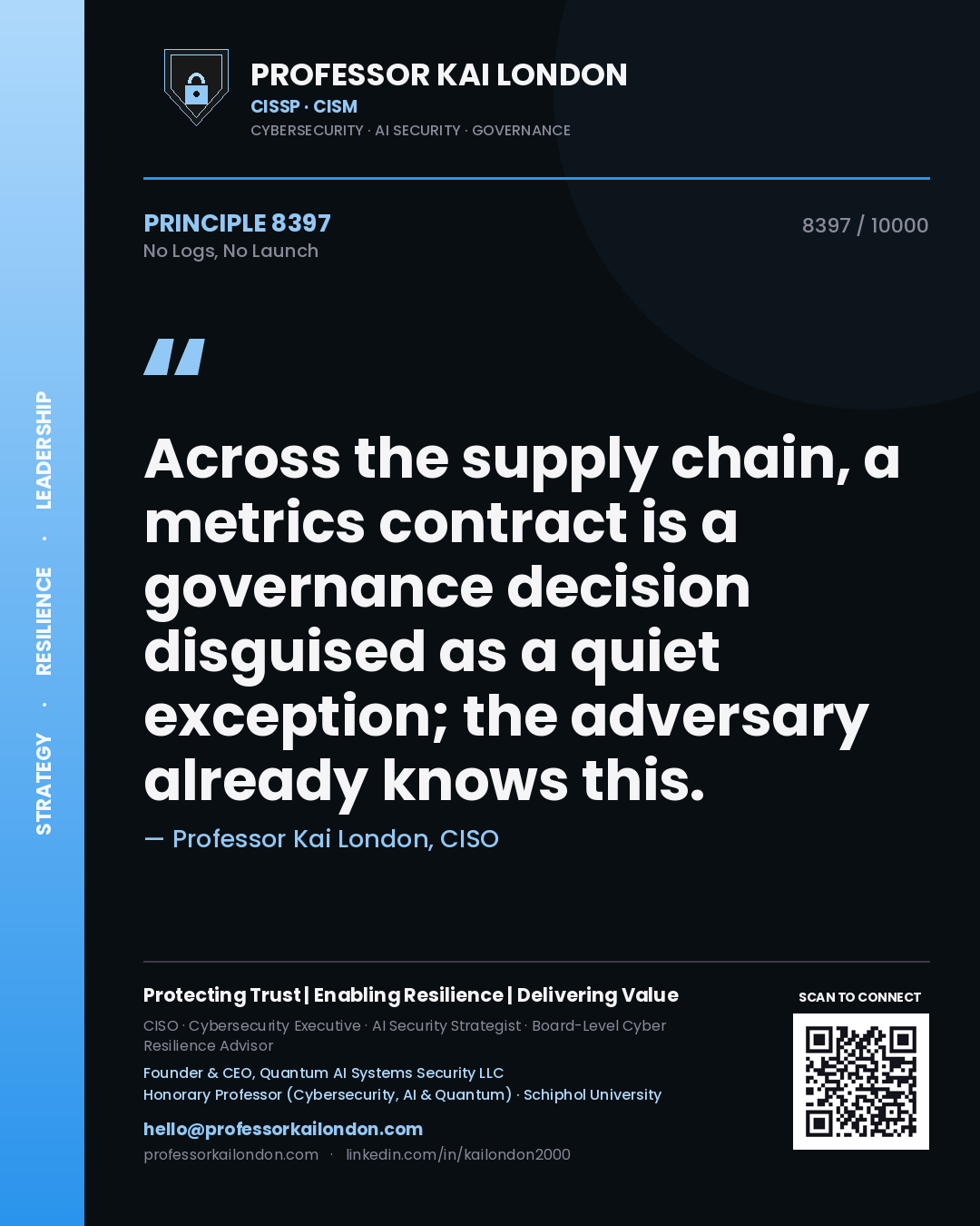 Professor Kai London principle 8397: Across the supply chain, a metrics contract is a governance decision disguised as a quiet exception; the adversary already knows this.