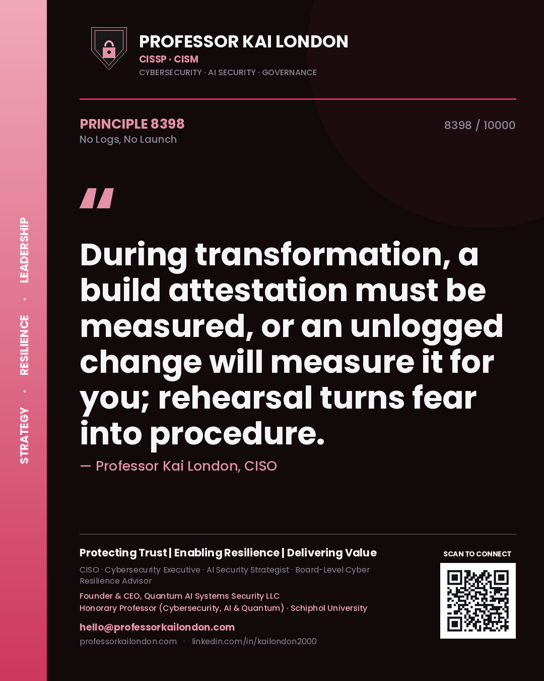 Professor Kai London principle 8398: During transformation, a build attestation must be measured, or an unlogged change will measure it for you; rehearsal turns fear into procedure.