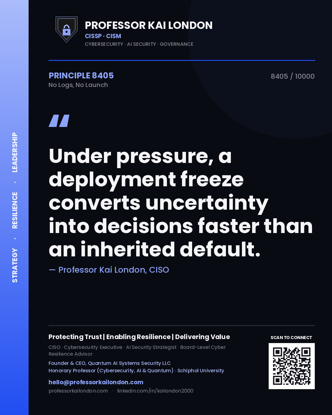 Professor Kai London principle 8405: Under pressure, a deployment freeze converts uncertainty into decisions faster than an inherited default.