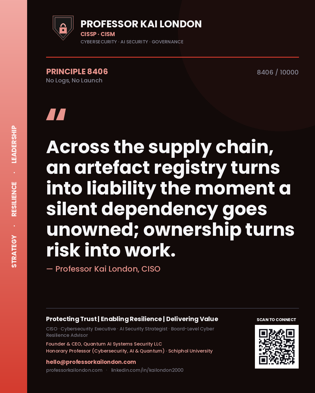 Quote card by Professor Kai London reading 'Across the supply chain, an artefact registry turns into liability the moment a silent dependency goes unowned; ownership turns risk into work.'. From the book No Logs, No Launch.