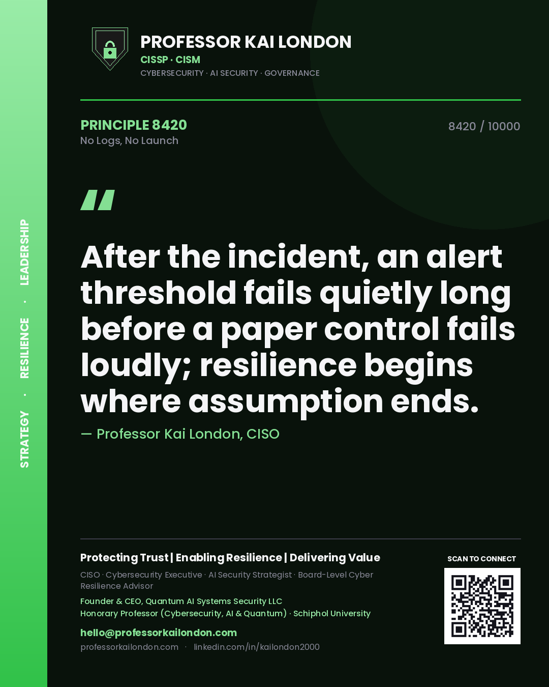 Professor Kai London principle 8420: After the incident, an alert threshold fails quietly long before a paper control fails loudly; resilience begins where assumption ends.