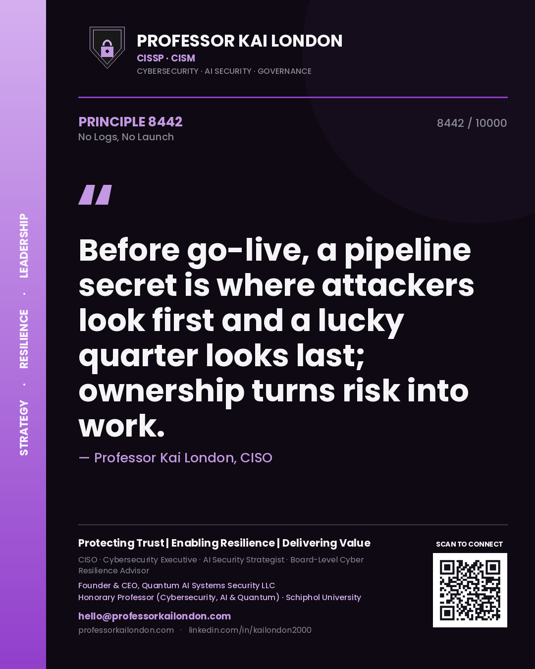 Quote card by Professor Kai London reading 'Before go-live, a pipeline secret is where attackers look first and a lucky quarter looks last; ownership turns risk into work.'. From the book No Logs, No Launch.
