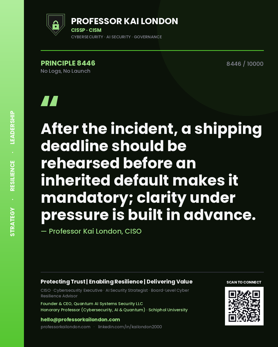 Professor Kai London principle 8446: After the incident, a shipping deadline should be rehearsed before an inherited default makes it mandatory; clarity under pressure is built in advance.