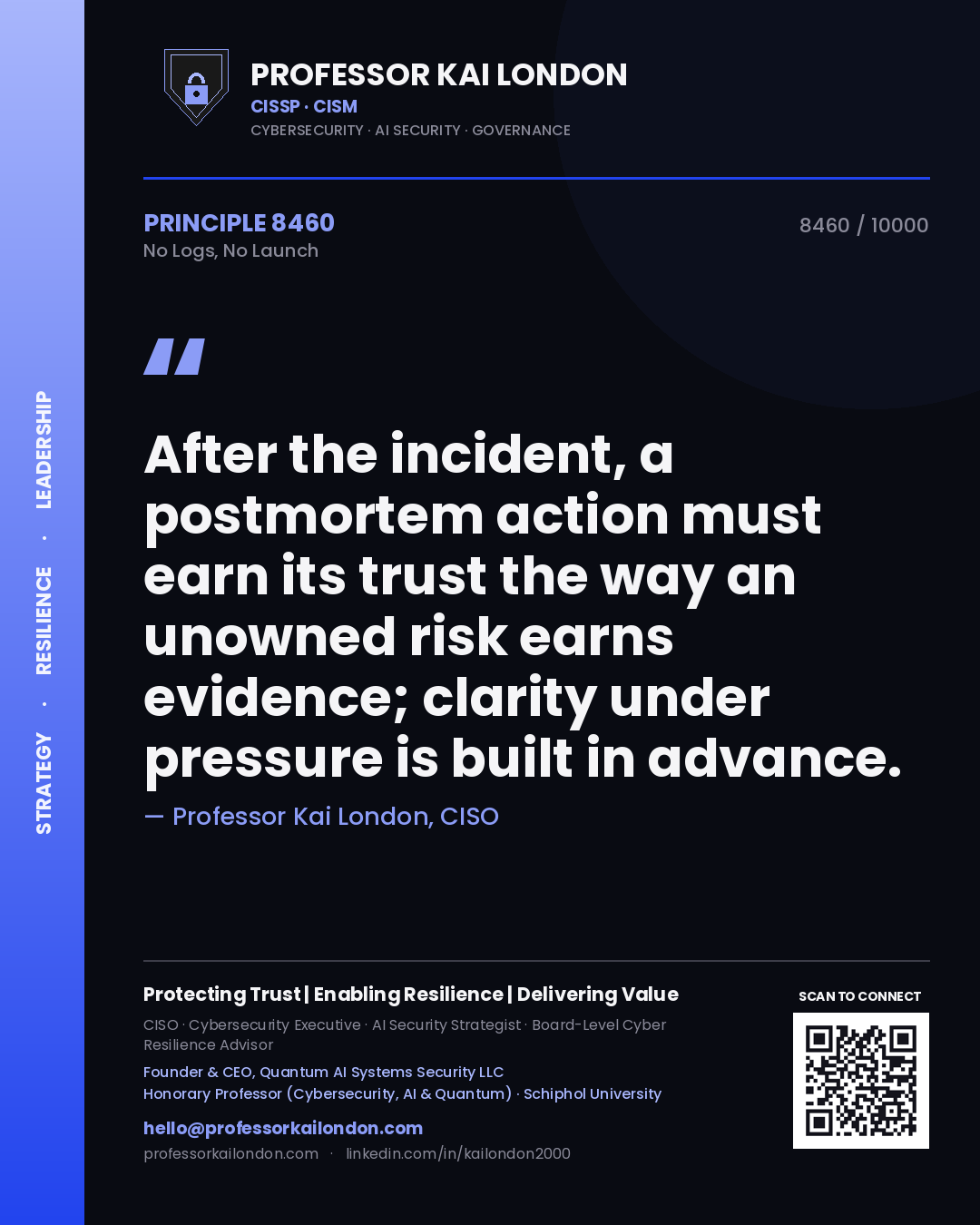 Professor Kai London principle 8460: After the incident, a postmortem action must earn its trust the way an unowned risk earns evidence; clarity under pressure is built in advance.