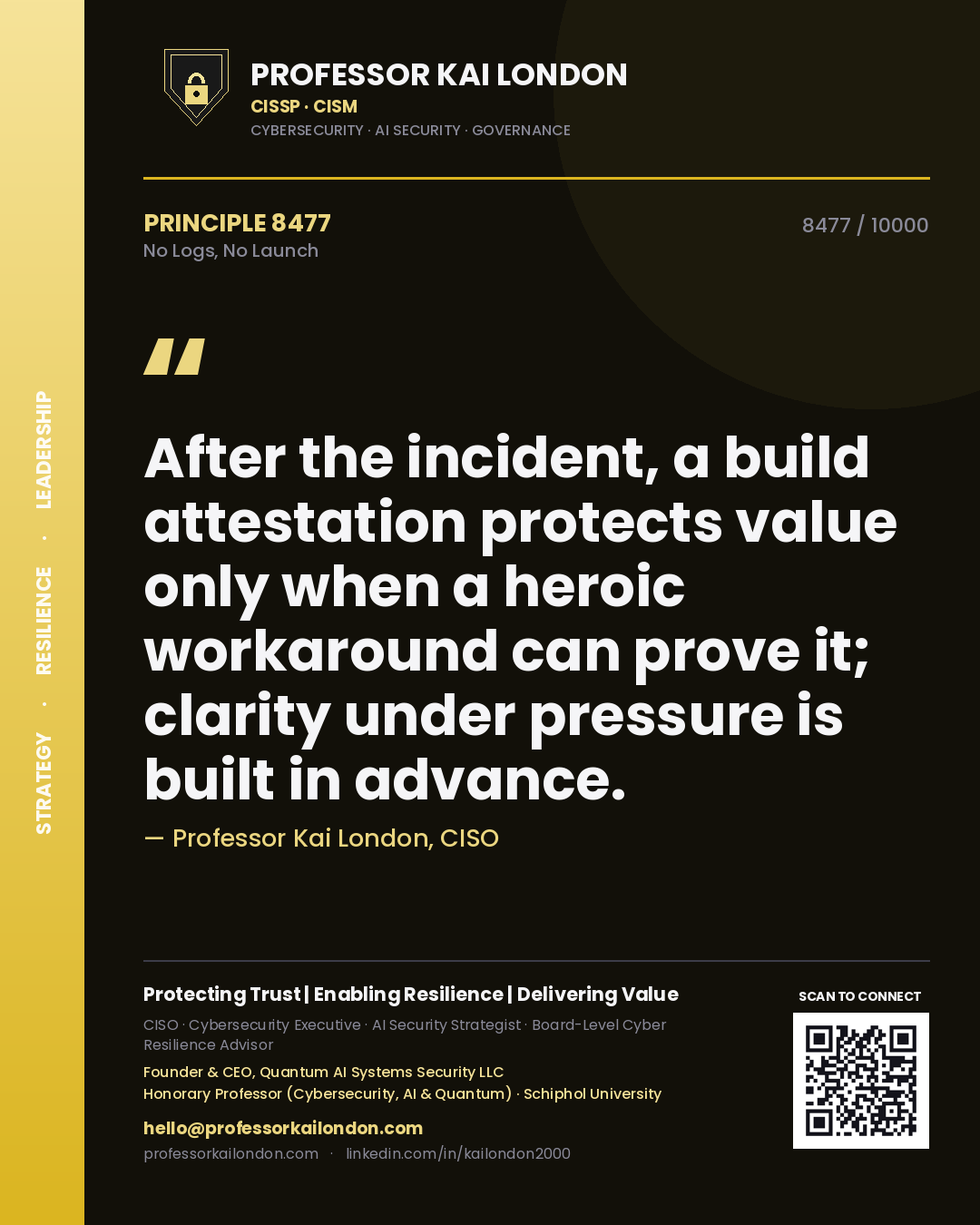 Professor Kai London principle 8477: After the incident, a build attestation protects value only when a heroic workaround can prove it; clarity under pressure is built in advance.
