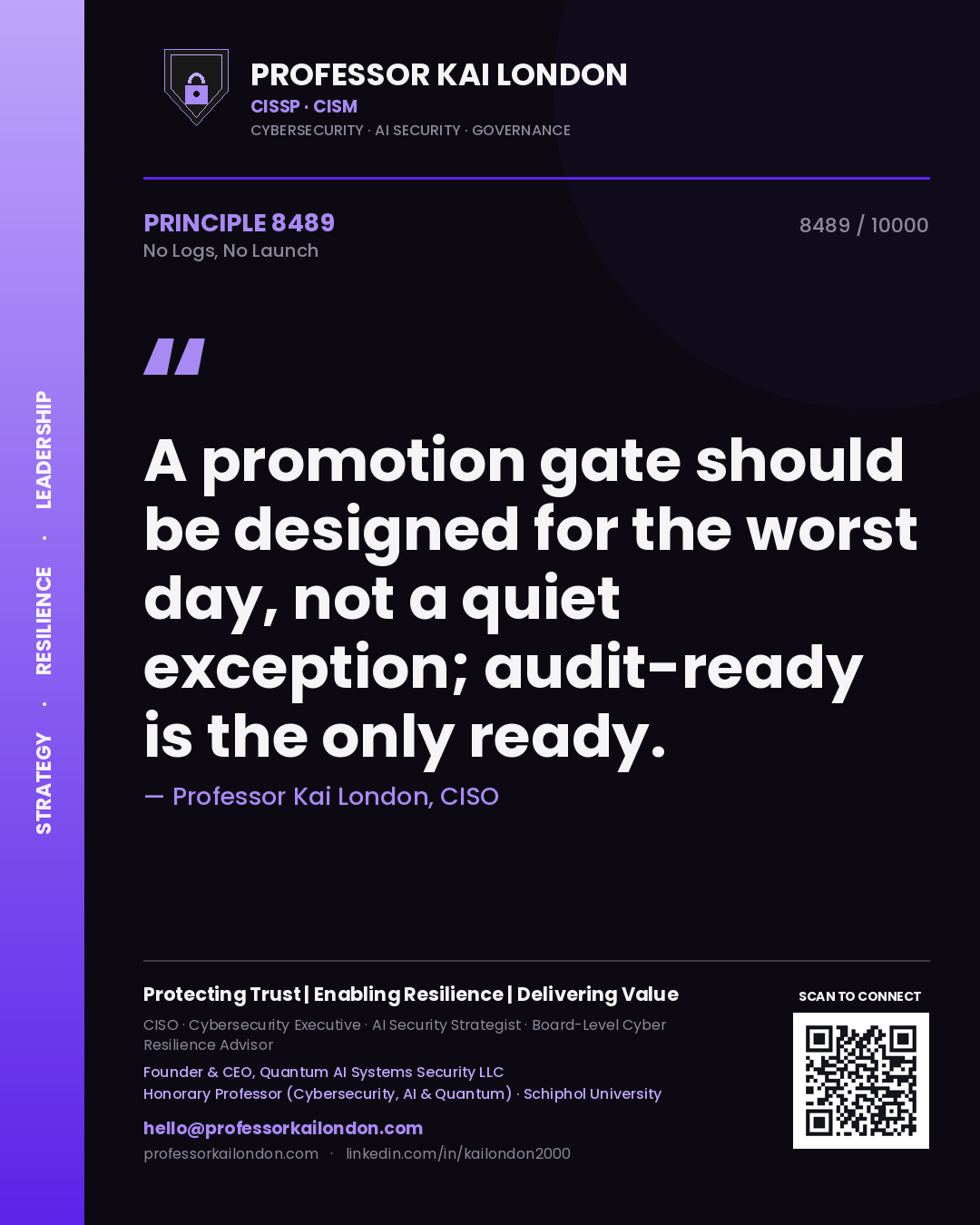 Professor Kai London principle 8489: A promotion gate should be designed for the worst day, not a quiet exception; audit-ready is the only ready.