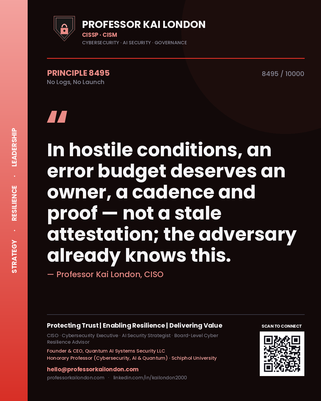 Professor Kai London principle 8495: In hostile conditions, an error budget deserves an owner, a cadence and proof — not a stale attestation; the adversary already knows this.
