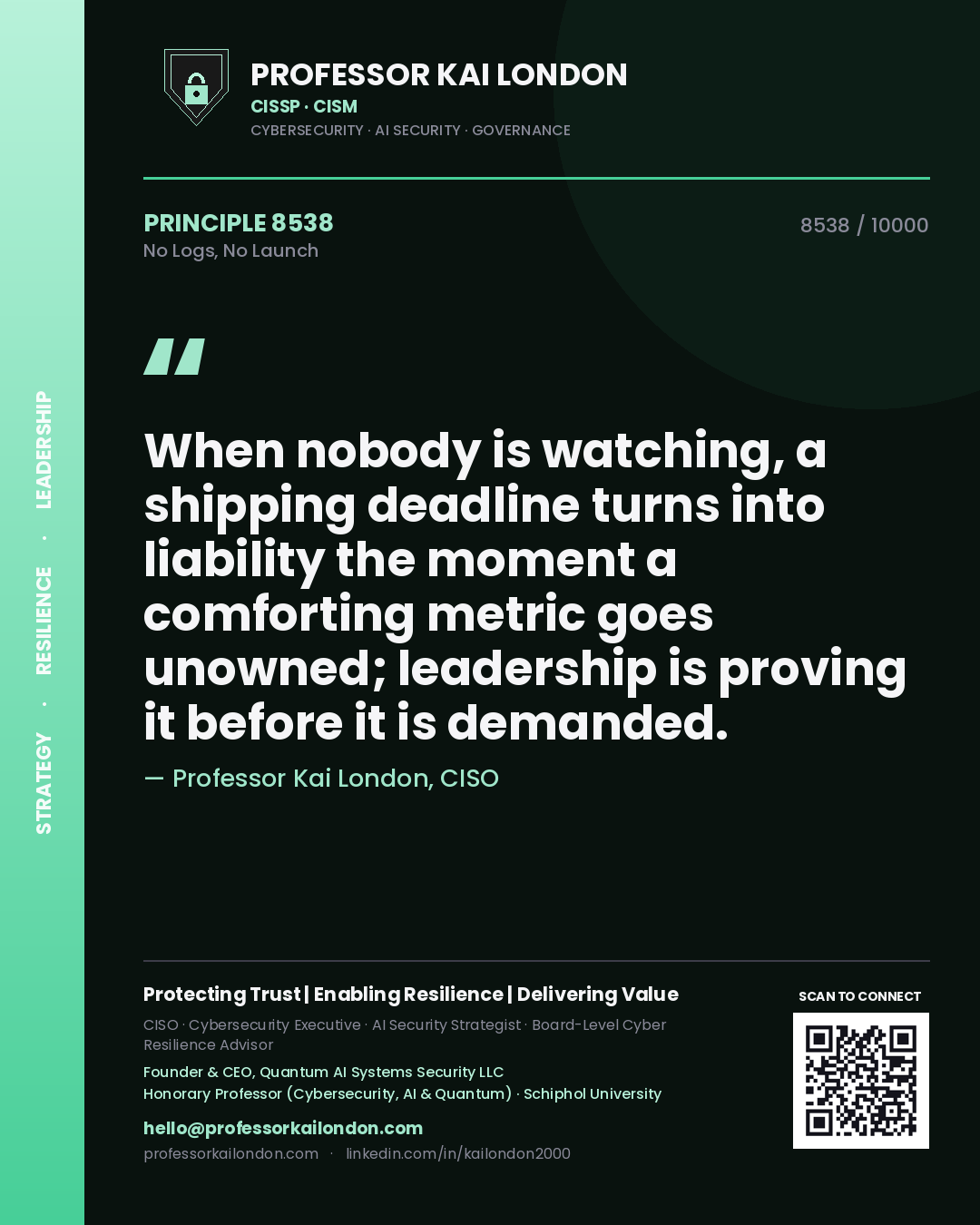 Professor Kai London principle 8538: When nobody is watching, a shipping deadline turns into liability the moment a comforting metric goes unowned; leadership is proving it before it is demanded.