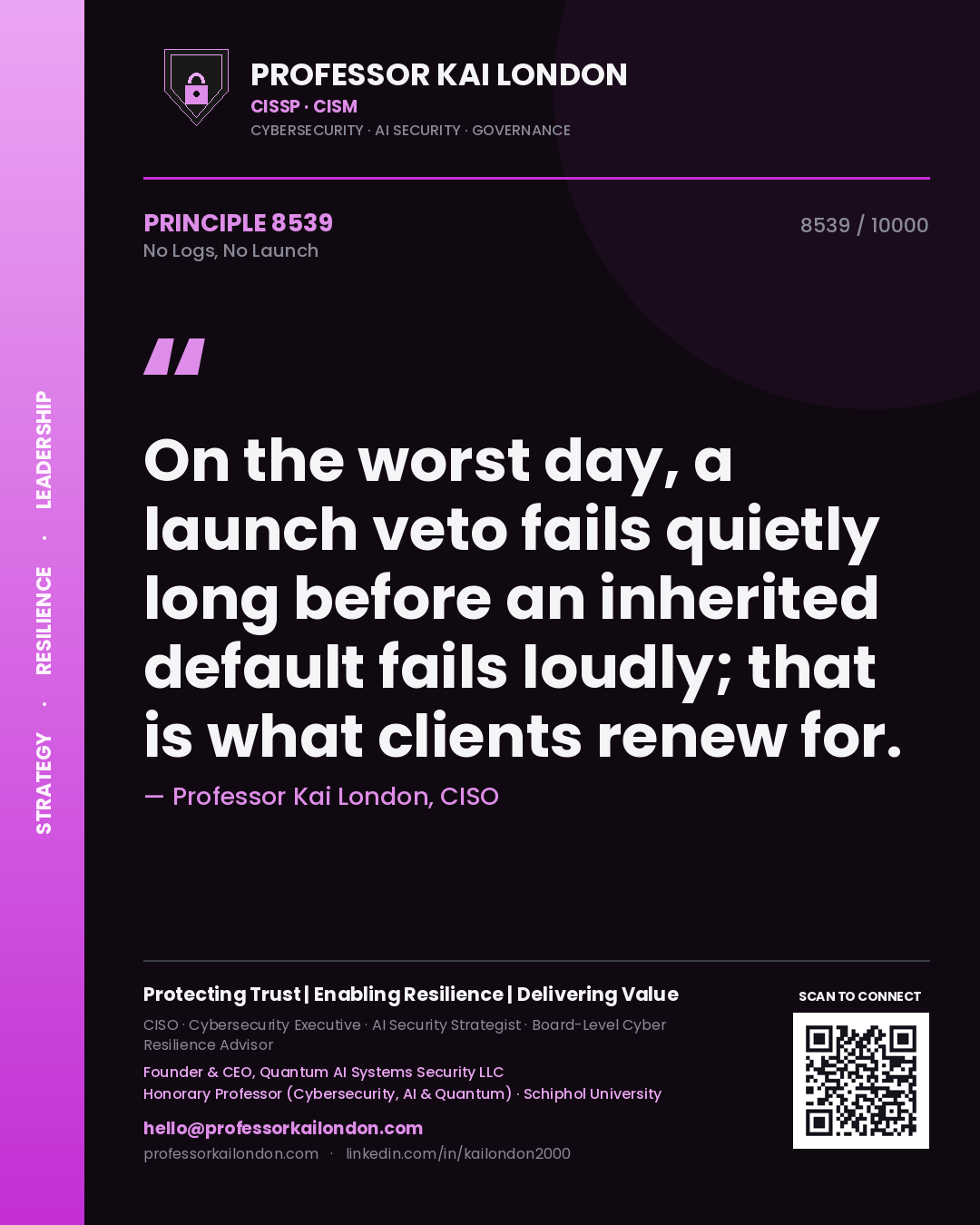 Professor Kai London principle 8539: On the worst day, a launch veto fails quietly long before an inherited default fails loudly; that is what clients renew for.