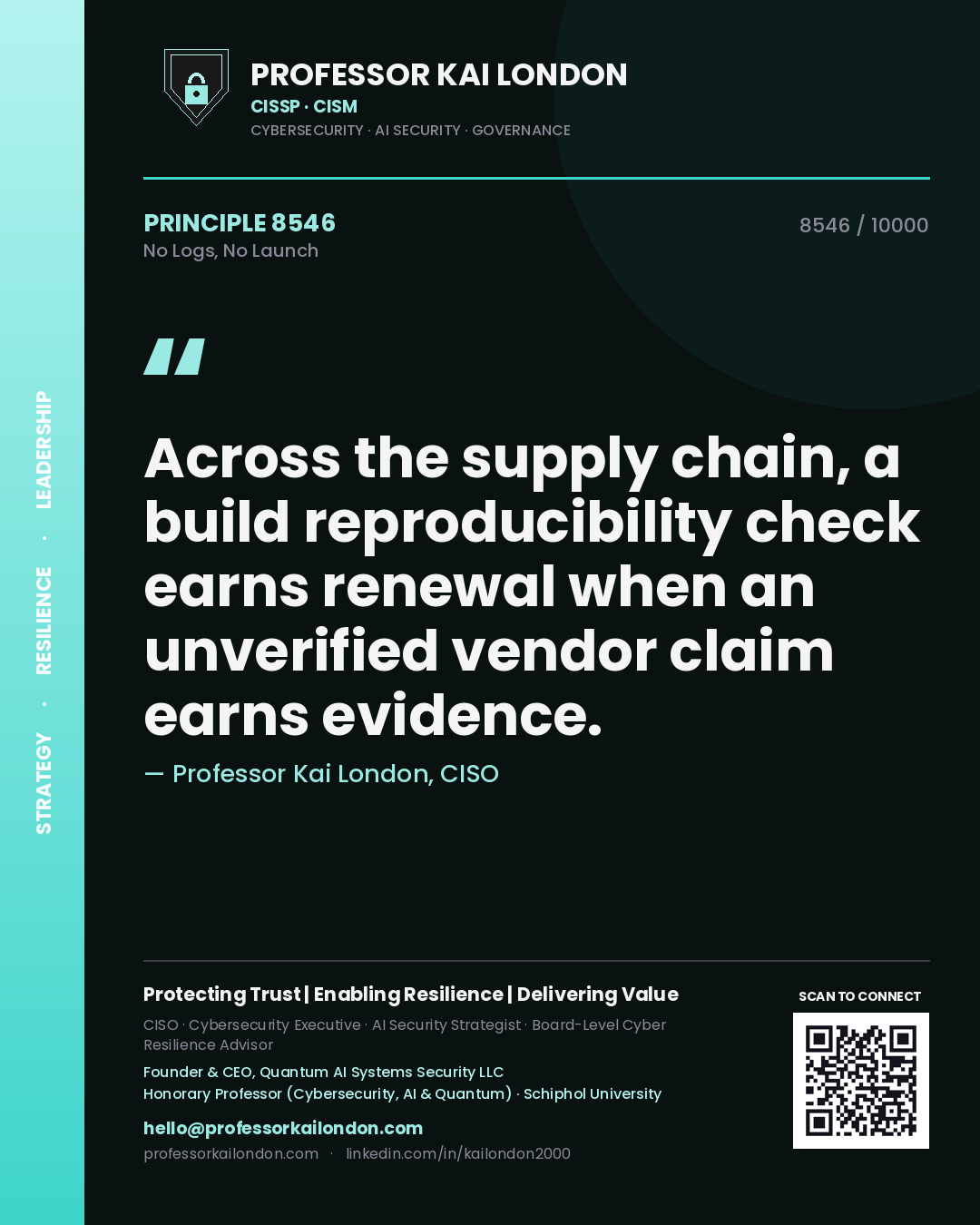 Professor Kai London principle 8546: Across the supply chain, a build reproducibility check earns renewal when an unverified vendor claim earns evidence.