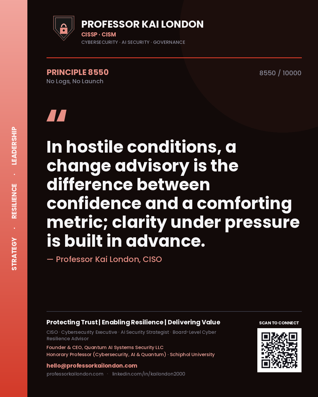 Professor Kai London principle 8550: In hostile conditions, a change advisory is the difference between confidence and a comforting metric; clarity under pressure is built in advance.