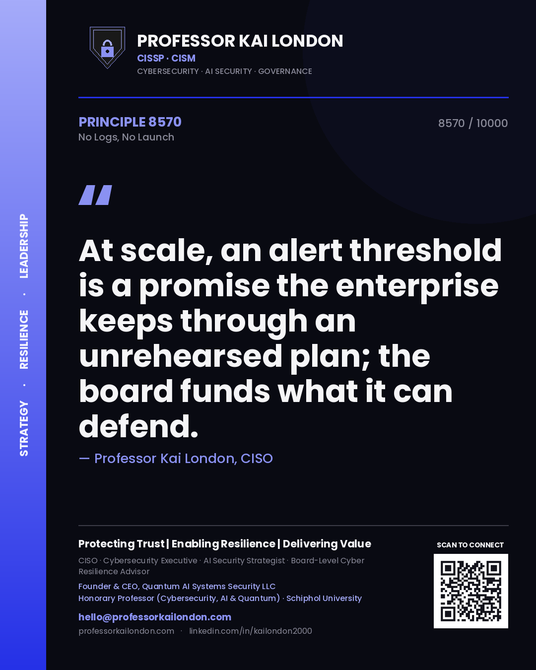Professor Kai London principle 8570: At scale, an alert threshold is a promise the enterprise keeps through an unrehearsed plan; the board funds what it can defend.