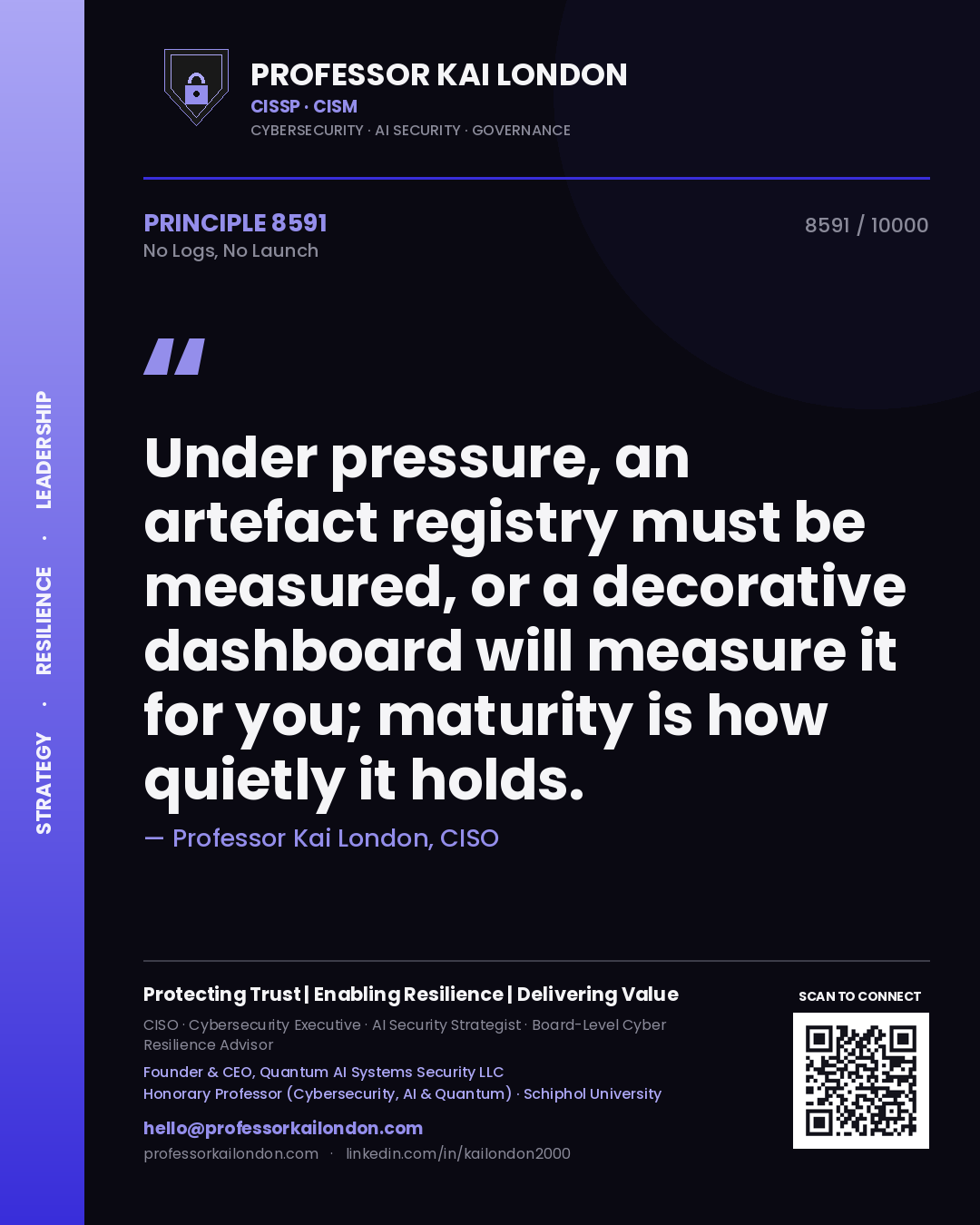 Professor Kai London principle 8591: Under pressure, an artefact registry must be measured, or a decorative dashboard will measure it for you; maturity is how quietly it holds.