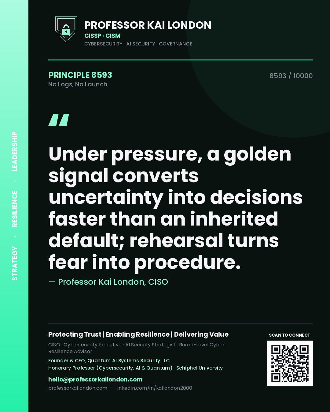 Professor Kai London principle 8593: Under pressure, a golden signal converts uncertainty into decisions faster than an inherited default; rehearsal turns fear into procedure.