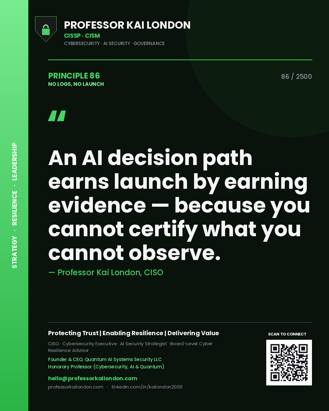Quote card by Professor Kai London reading 'An AI decision path earns launch by earning evidence — because you cannot certify what you cannot observe.'. From the book No Logs, No Launch.