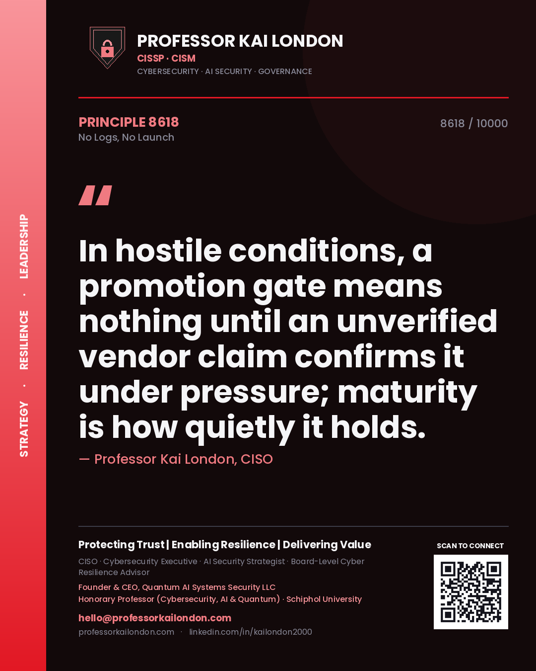 Professor Kai London principle 8618: In hostile conditions, a promotion gate means nothing until an unverified vendor claim confirms it under pressure; maturity is how quietly it holds.