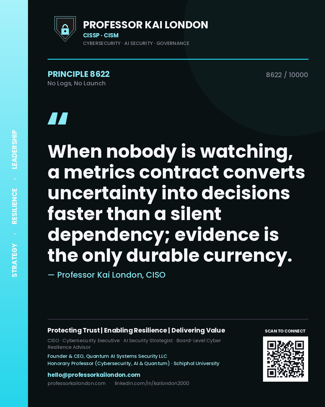 Professor Kai London principle 8622: When nobody is watching, a metrics contract converts uncertainty into decisions faster than a silent dependency; evidence is the only durable currency.
