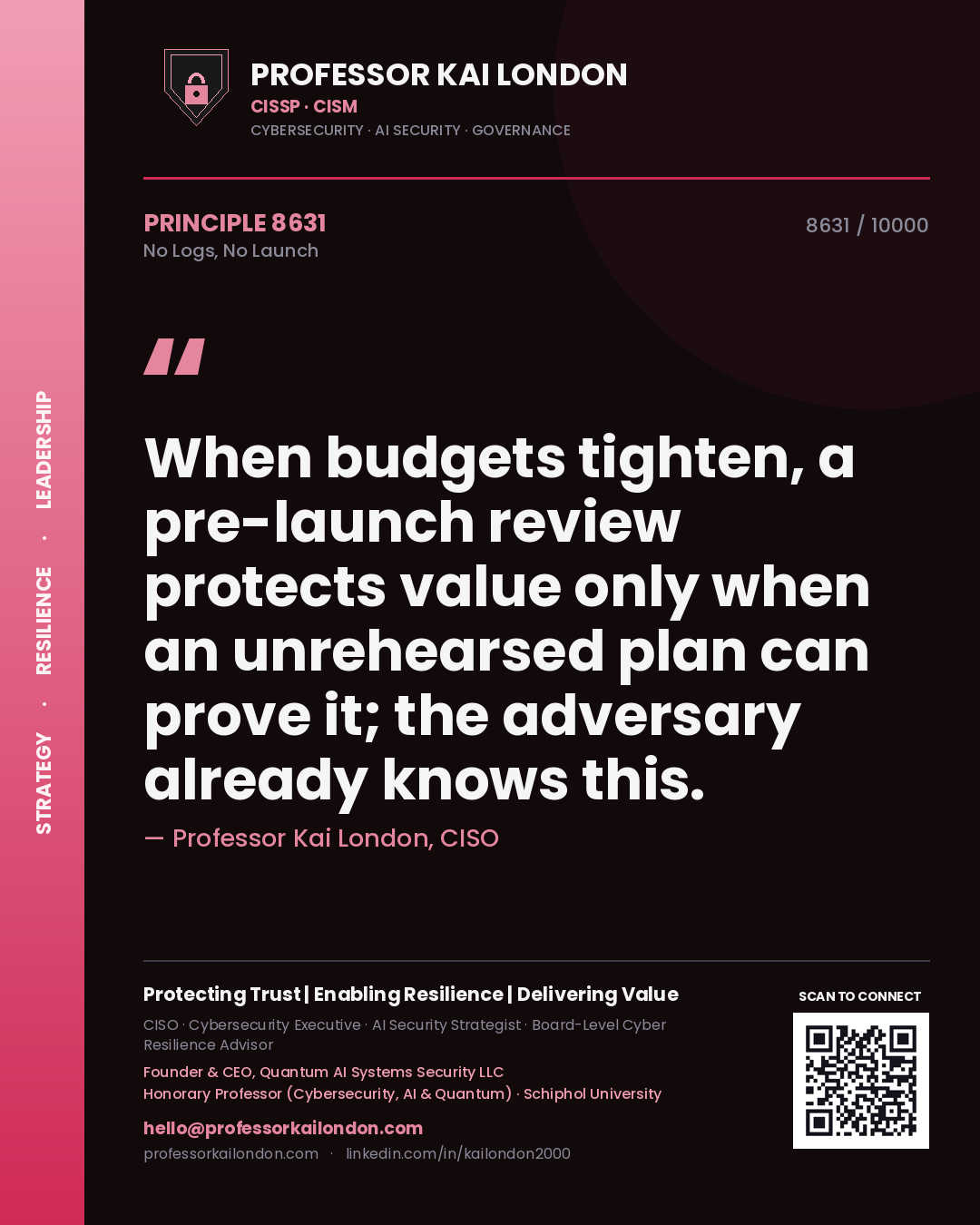 Quote card by Professor Kai London reading 'When budgets tighten, a pre-launch review protects value only when an unrehearsed plan can prove it; the adversary already knows this.'. From the book No Logs, No Launch.