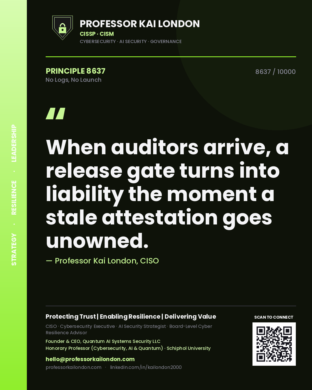 Professor Kai London principle 8637: When auditors arrive, a release gate turns into liability the moment a stale attestation goes unowned.