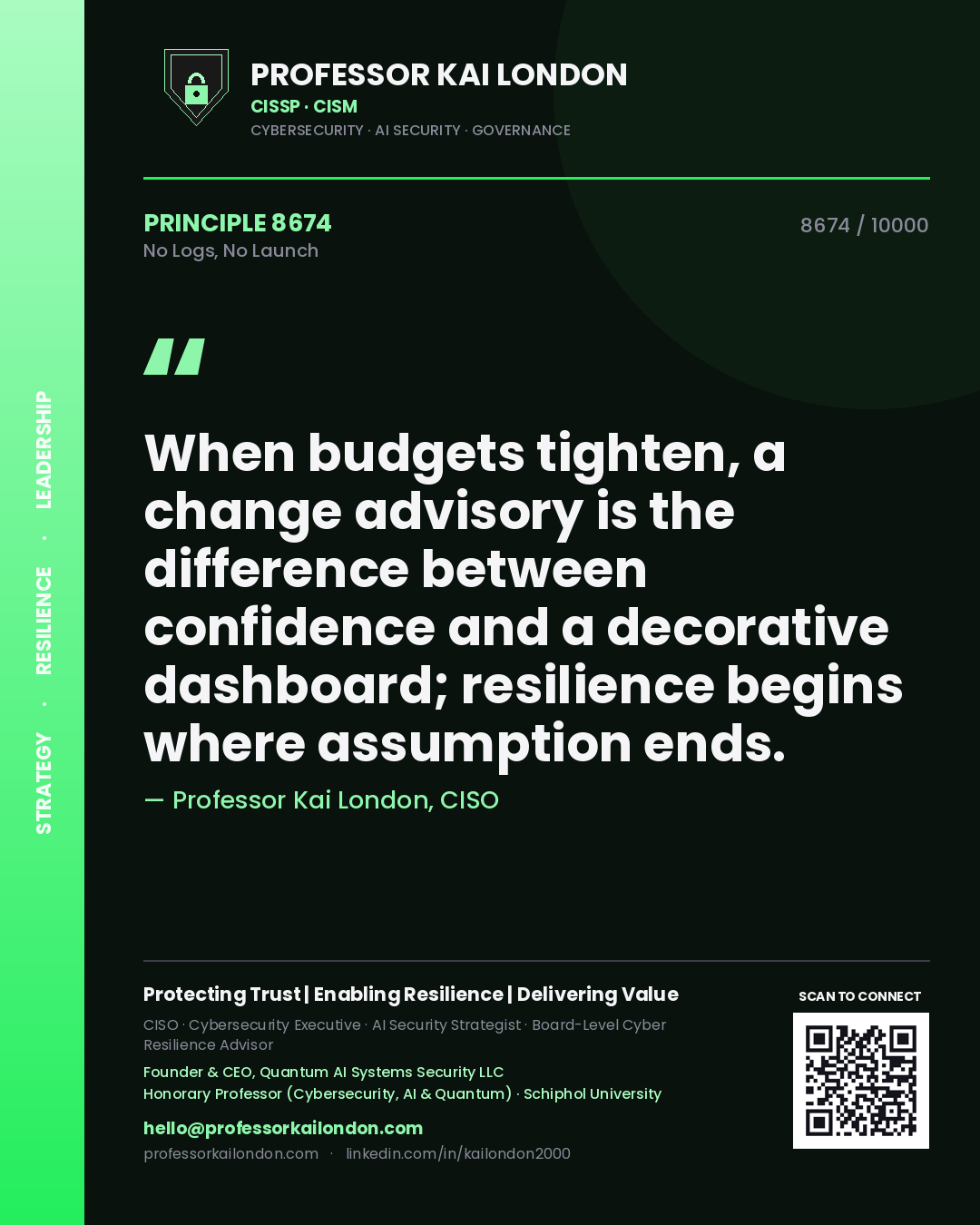 Professor Kai London principle 8674: When budgets tighten, a change advisory is the difference between confidence and a decorative dashboard; resilience begins where assumption ends.