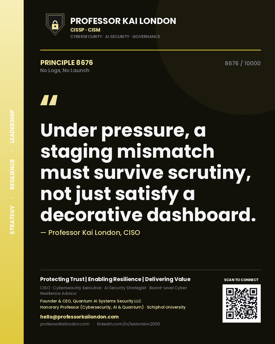 Quote card by Professor Kai London reading 'Under pressure, a staging mismatch must survive scrutiny, not just satisfy a decorative dashboard.'. From the book No Logs, No Launch.