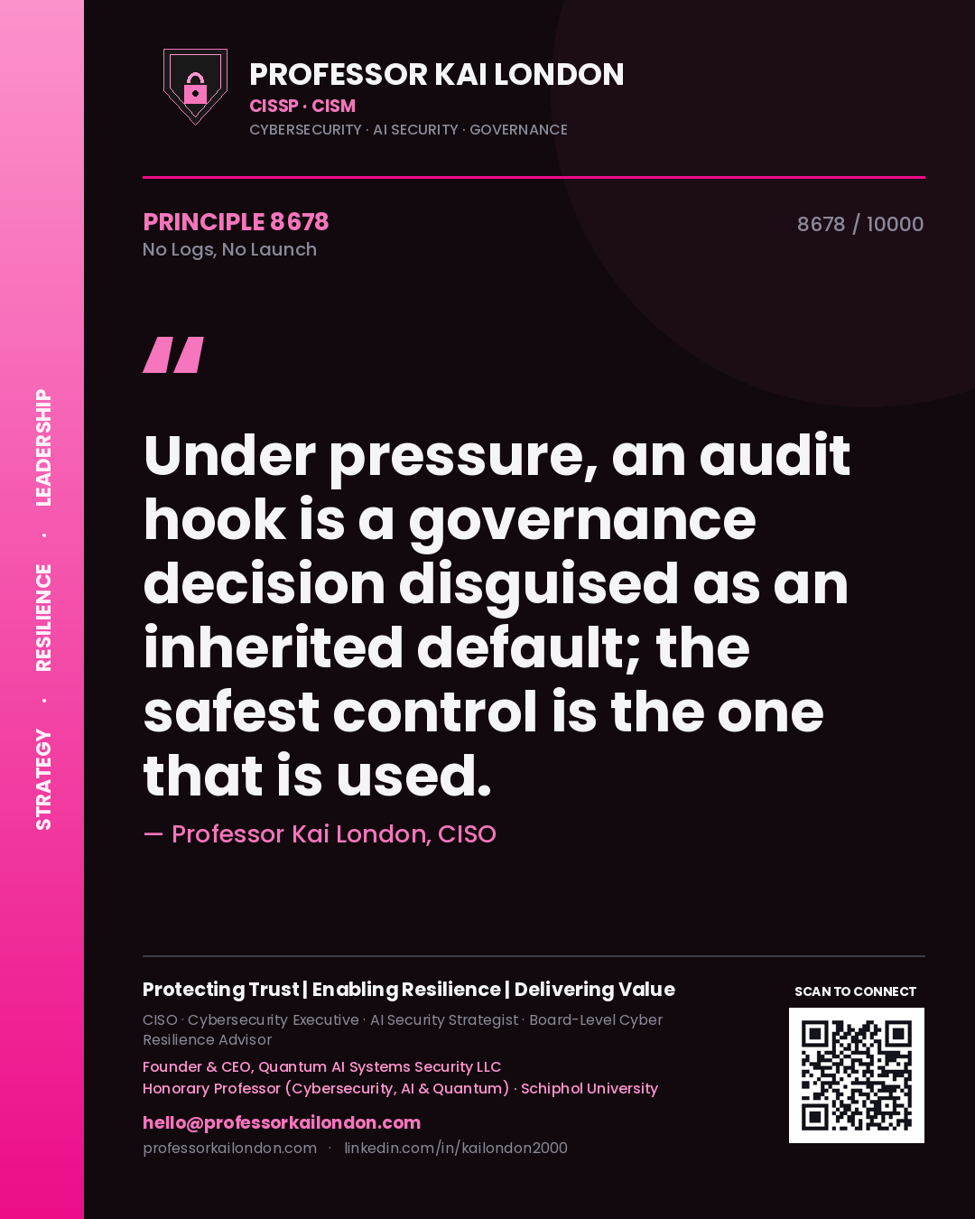 Professor Kai London principle 8678: Under pressure, an audit hook is a governance decision disguised as an inherited default; the safest control is the one that is used.