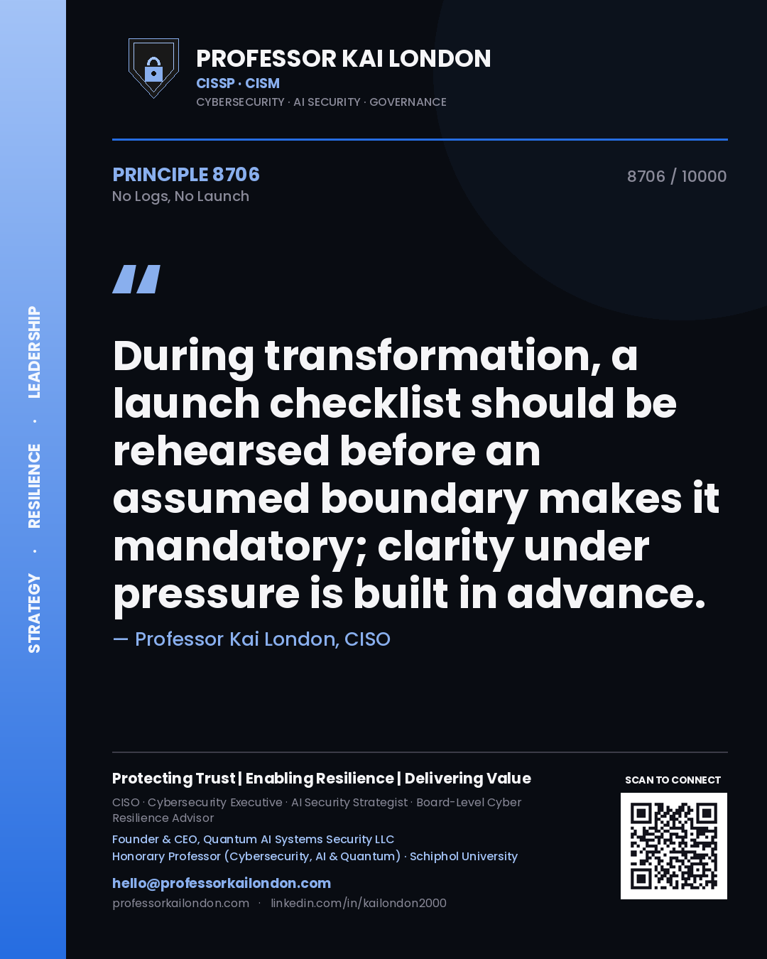 Professor Kai London principle 8706: During transformation, a launch checklist should be rehearsed before an assumed boundary makes it mandatory; clarity under pressure is built in advance.