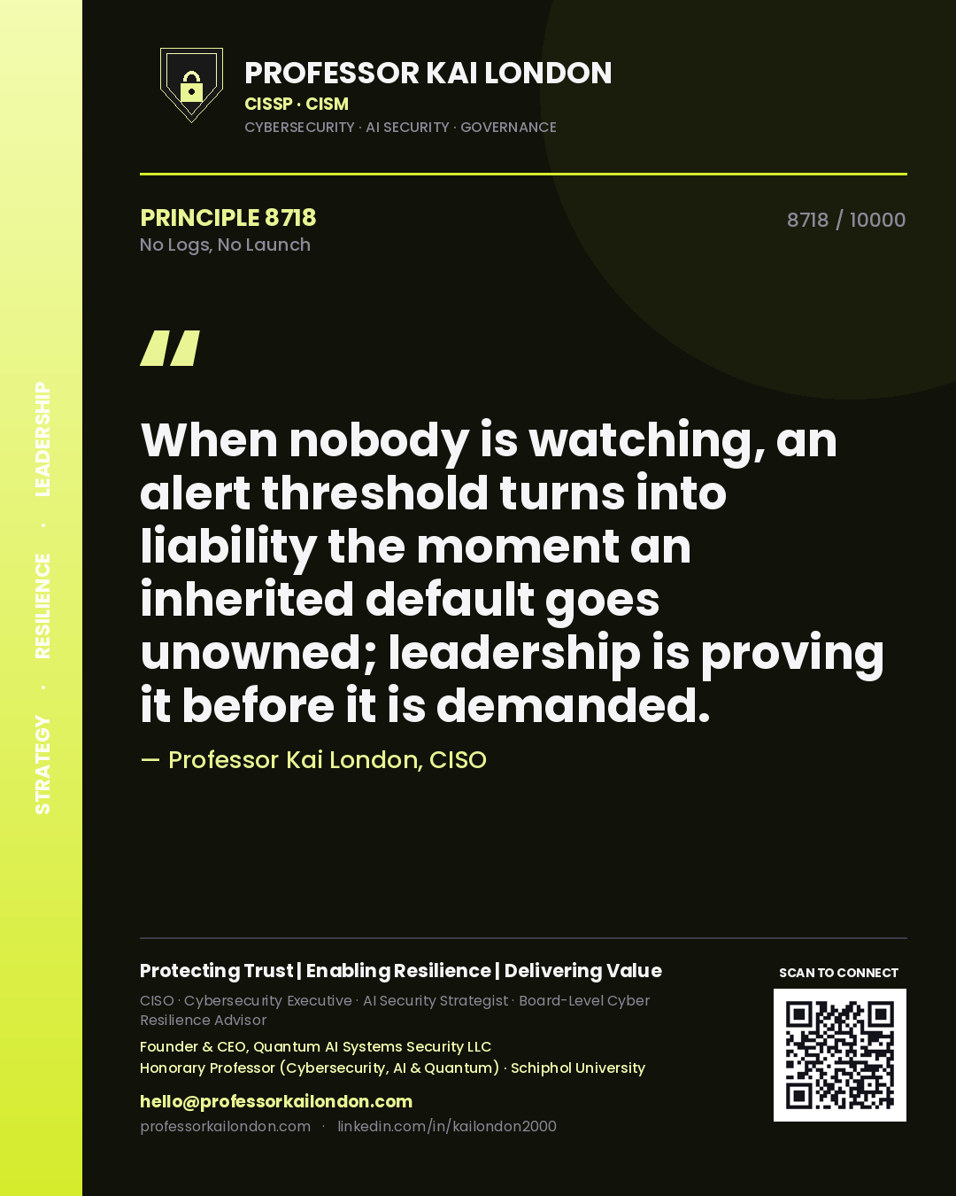 Quote card by Professor Kai London reading 'When nobody is watching, an alert threshold turns into liability the moment an inherited default goes unowned; leadership is proving it before it is demanded.'. From the book No Logs, No Launch.
