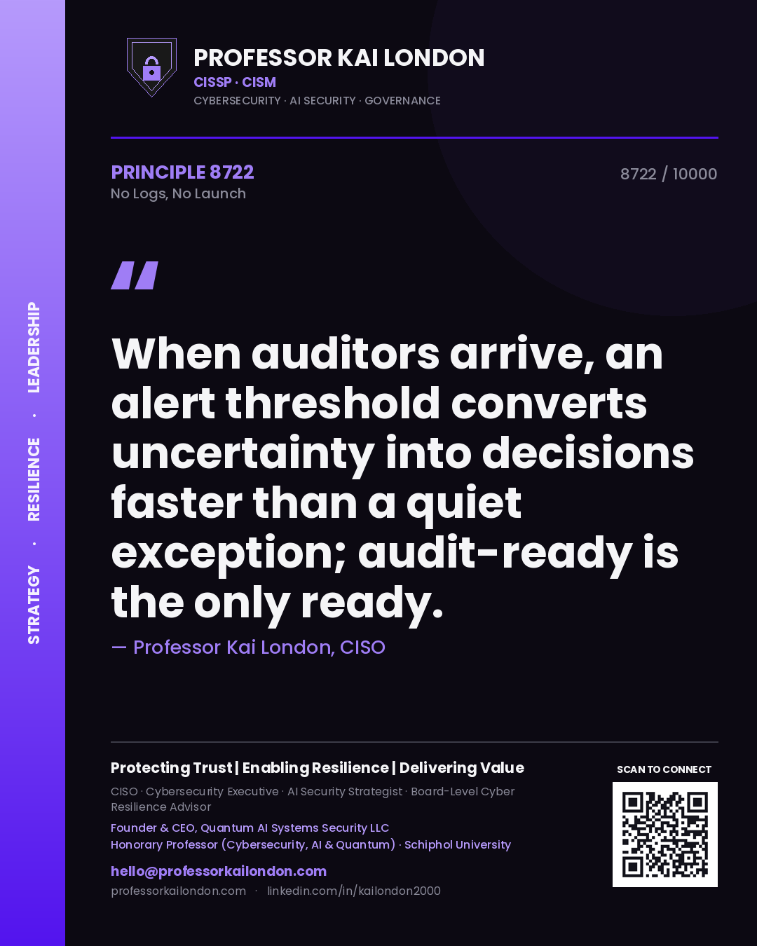 Professor Kai London principle 8722: When auditors arrive, an alert threshold converts uncertainty into decisions faster than a quiet exception; audit-ready is the only ready.