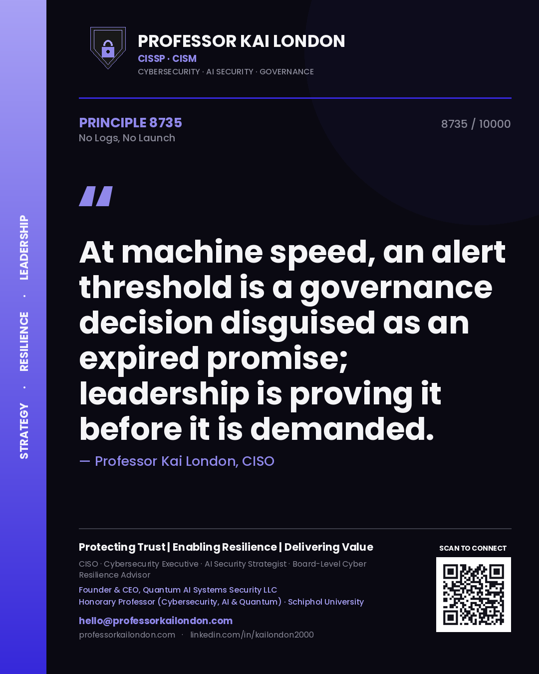 Professor Kai London principle 8735: At machine speed, an alert threshold is a governance decision disguised as an expired promise; leadership is proving it before it is demanded.